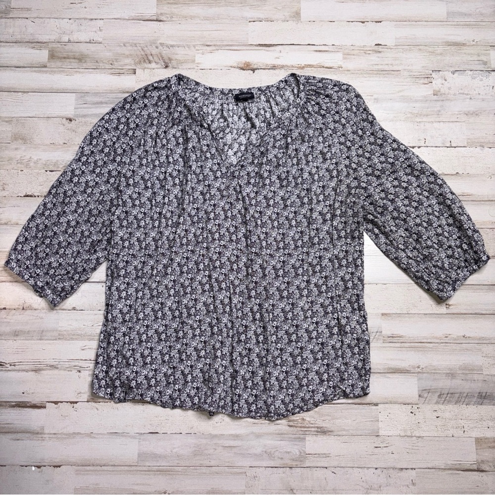 Jones & Co New York 2X Womens Black White Floral 3/4 Sleeve Popover Blouse - Picture 5 of 15
